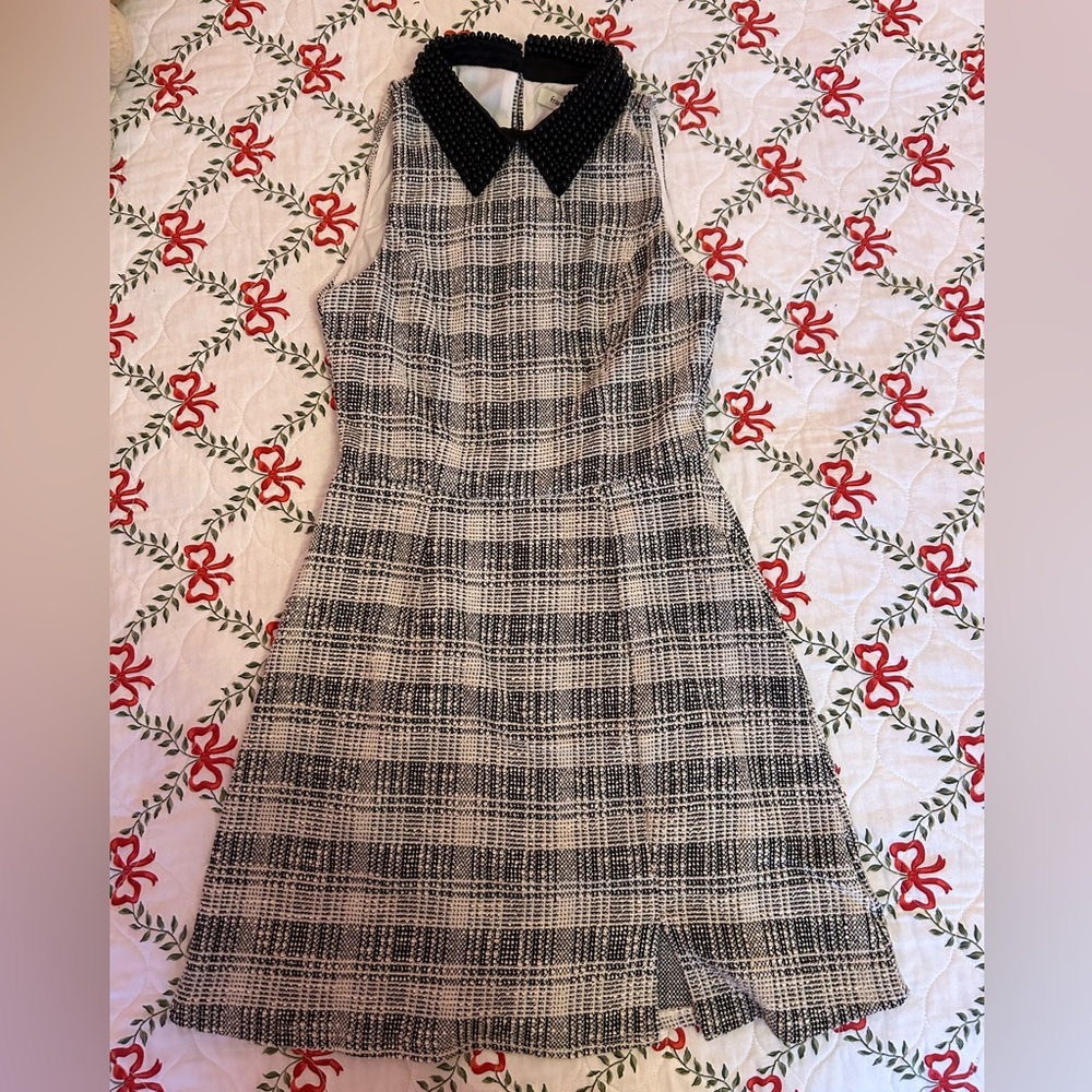 NEW NWT Francesca’s Lori Waisted Tweed Pearl Collar Dress XS Small black white